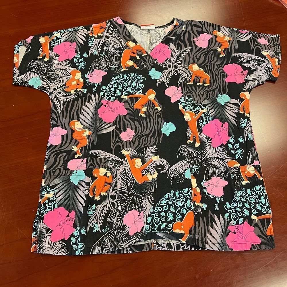 Curious George Scrub Top sz M EUC